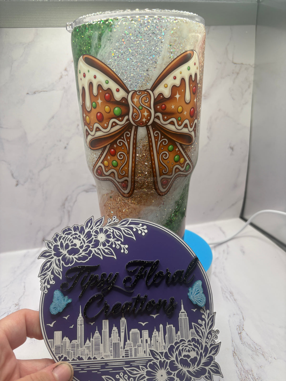 Gingerbread bow Xmas epoxy tumbler
