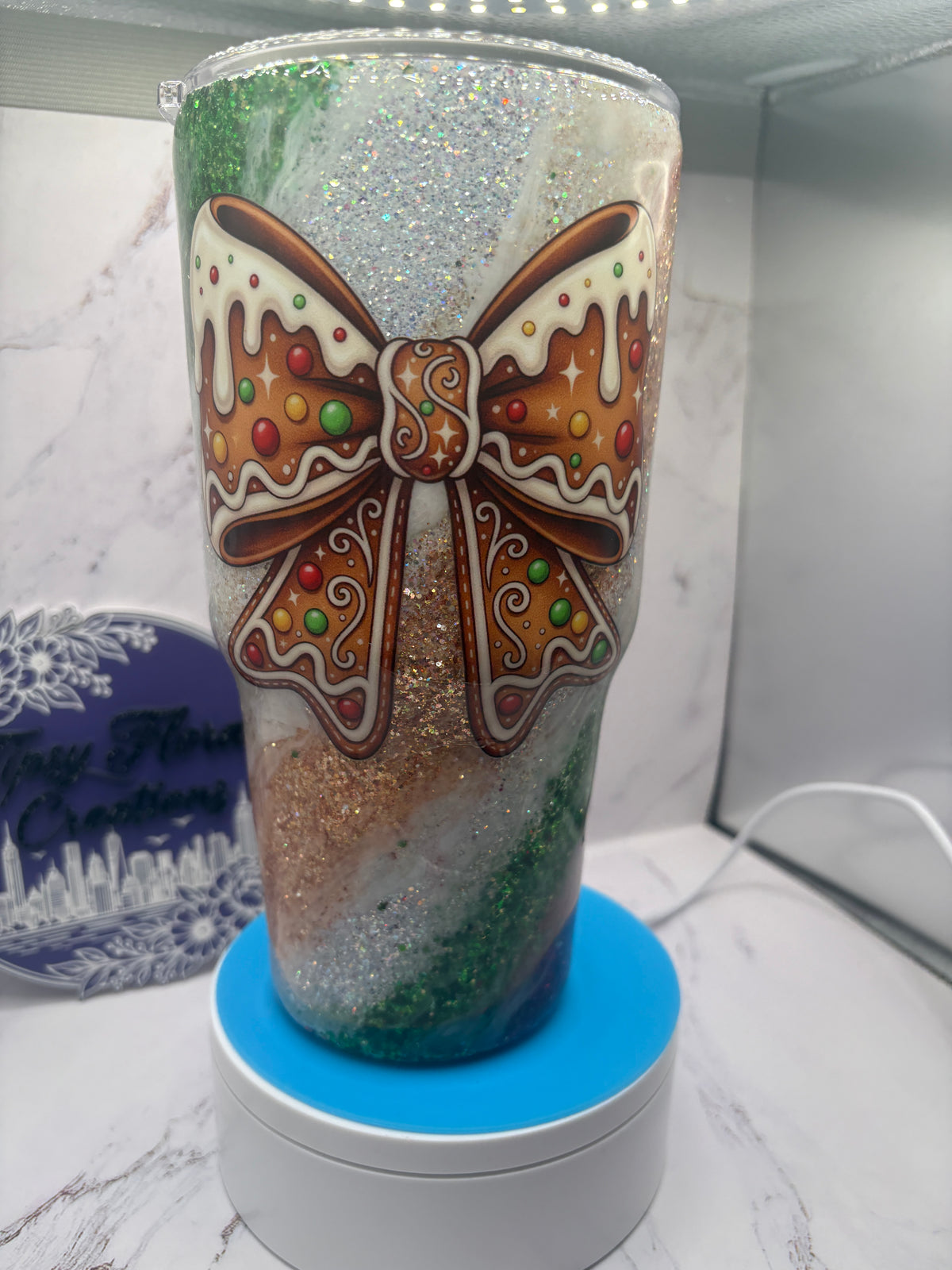 Gingerbread bow Xmas epoxy tumbler