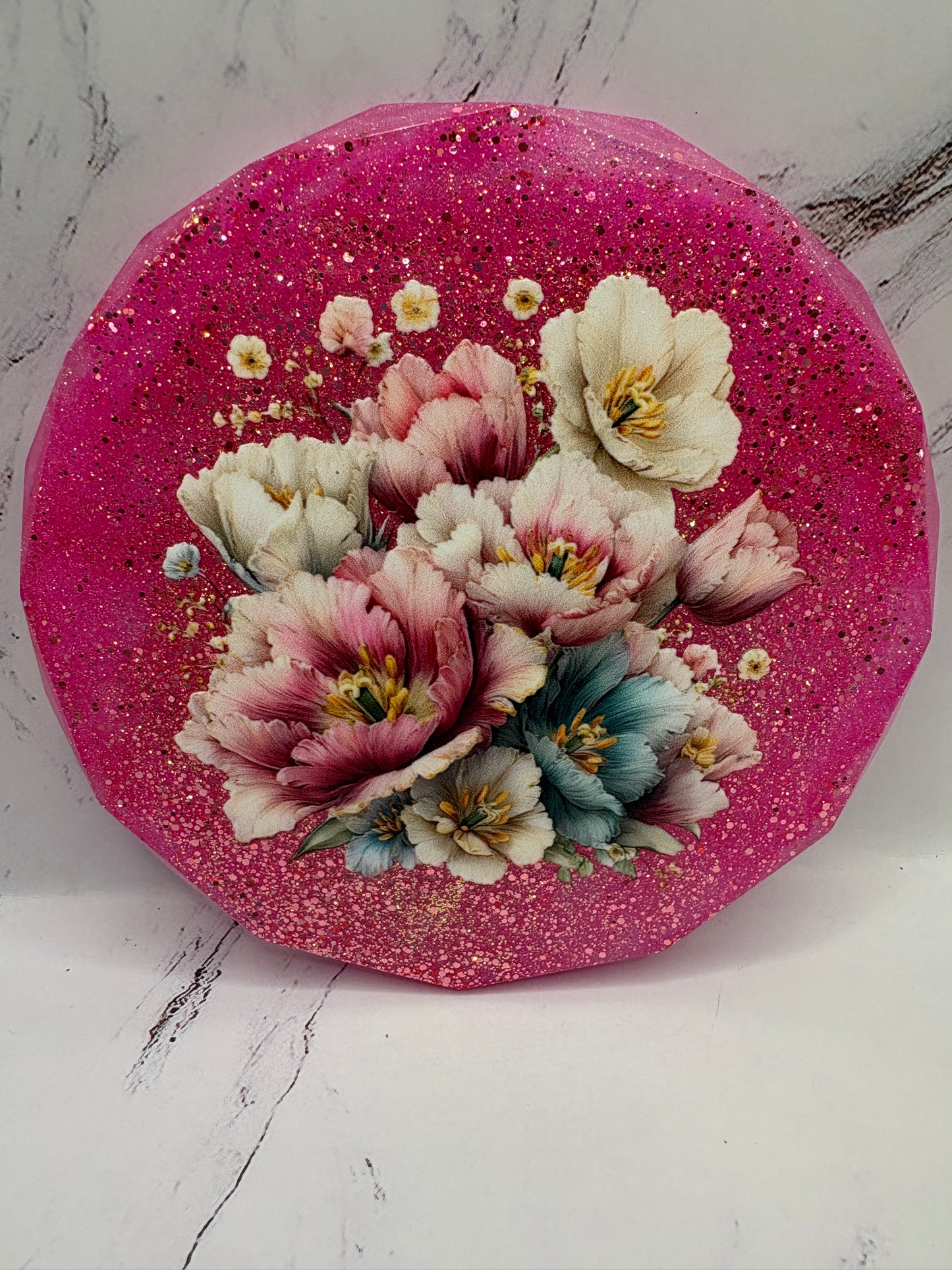 Pink floral epoxy coaster